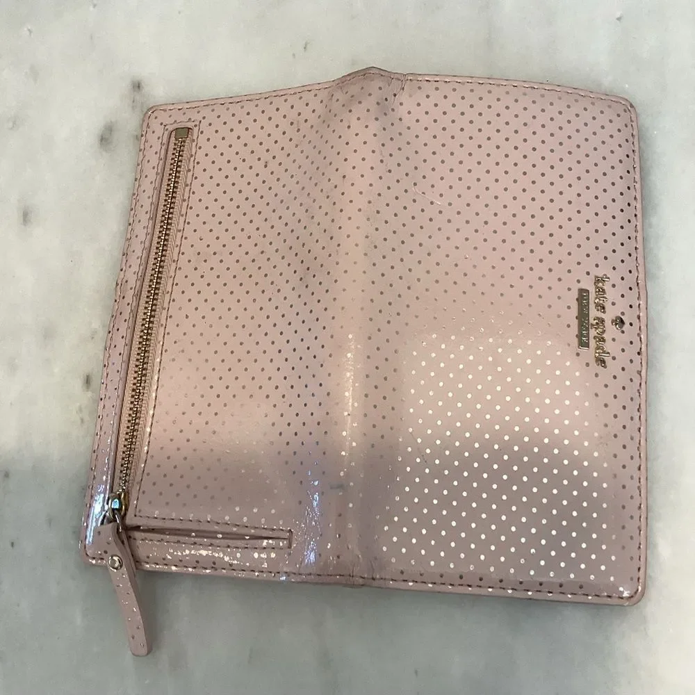 Kate Spade Wallet Pink Leather Polka Dot Patent Sleek Slim Full Sized Wallet